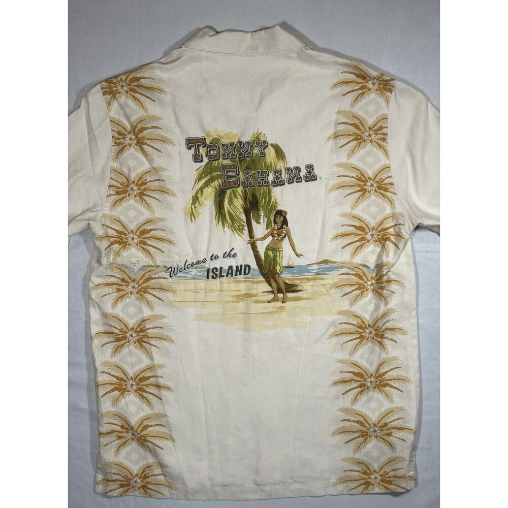 Tommy Bahama Men’s Medium 100% Silk Shirt Welcome To The Island Hula Embroidered